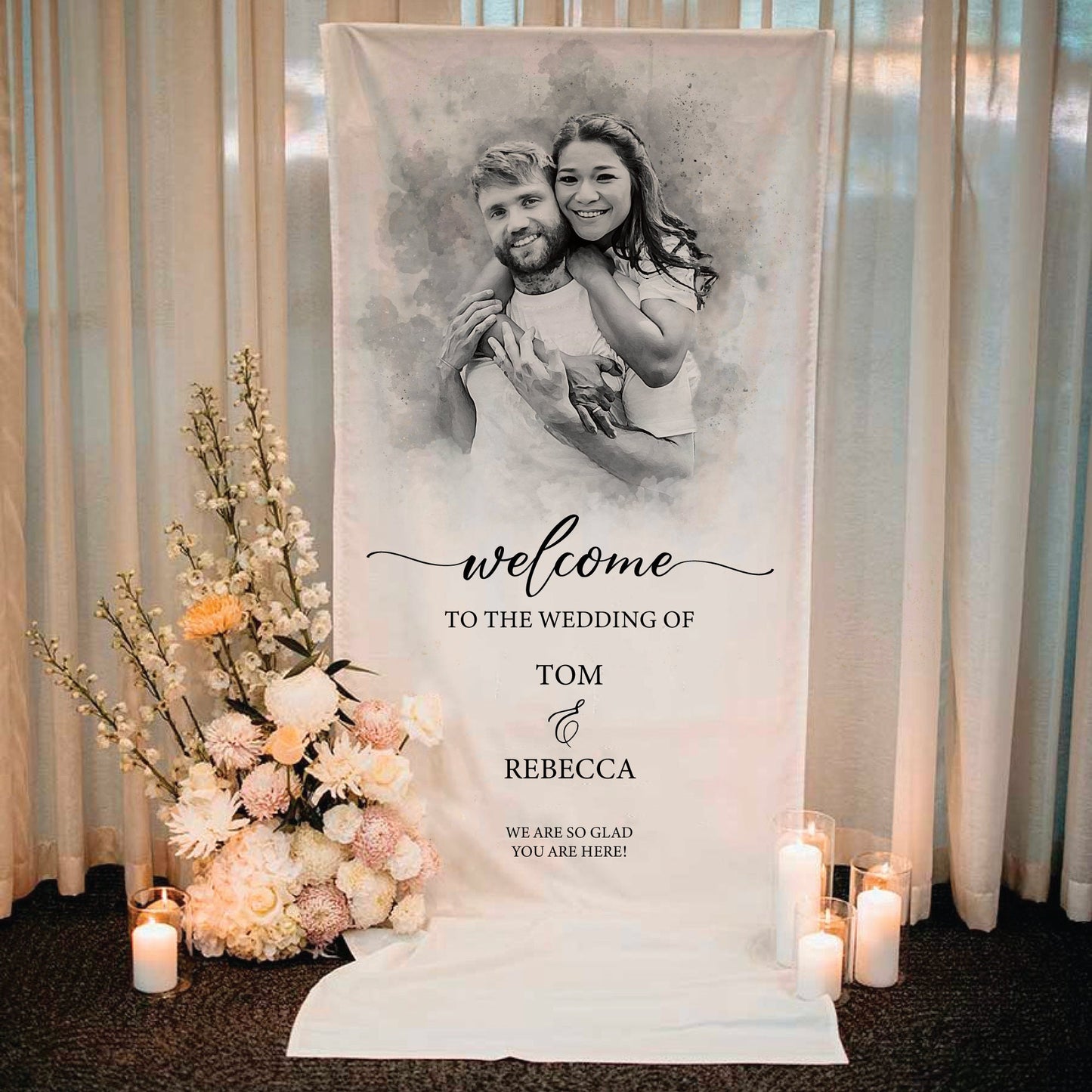 Fabric Wedding Banner, Custom Watercolor Portrait from Photo on Banner, Wedding Welcome Sign, Wedding Decor, Wedding Rehearsal Banner, Favor