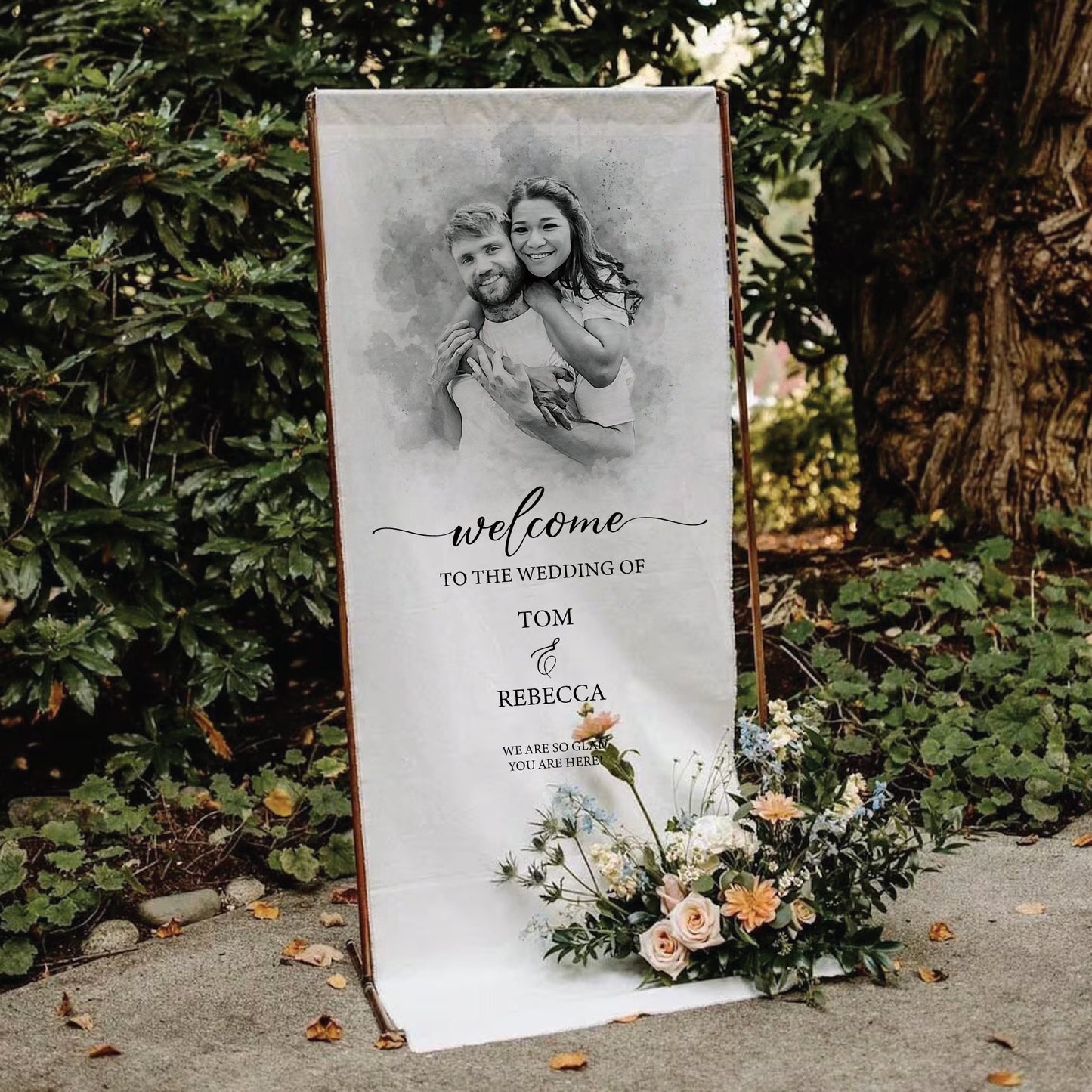 Fabric Wedding Banner, Custom Watercolor Portrait from Photo on Banner, Wedding Welcome Sign, Wedding Decor, Wedding Rehearsal Banner, Favor