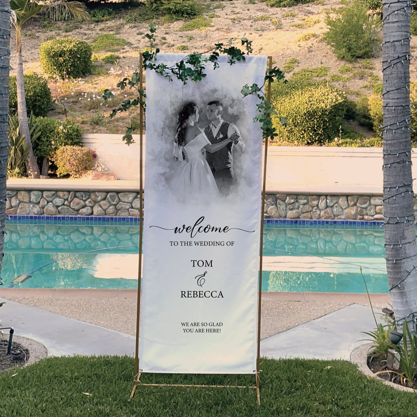 Fabric Wedding Banner, Custom Watercolor Portrait from Photo on Banner, Wedding Welcome Sign, Wedding Decor, Wedding Rehearsal Banner, Favor