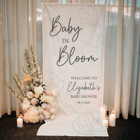 Custom Baby in Bloom Fabric Personalized Baby Shower Banner, Baby Shower Sign, Baby Shower Welcome Sign, Welcome Sign, Baby Shower Decor