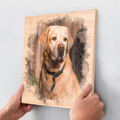 Pet Portrait on Wood Watercolor Style Dog Wall Art, Engraved Personalized Portrait from Photo as a Cat Lover Gift, Custom Photo on Wood