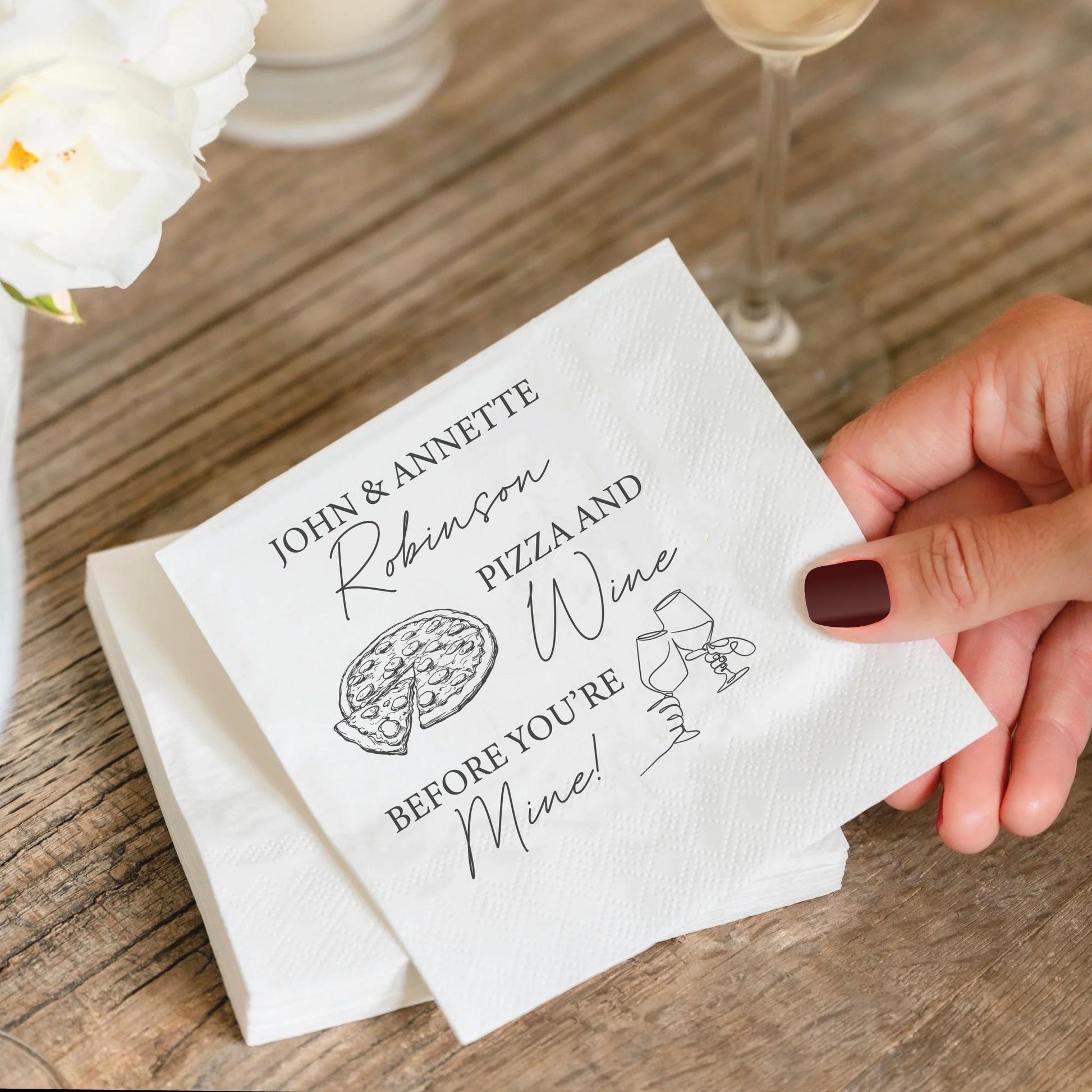 Pizza And Wine Wedding Napkins, Custom Engagement Napkins, The Perfect Pair Personalized Napkins, Wedding Cocktail Printed Napkins