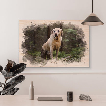 Pet Portrait on Wood Watercolor Style Dog Wall Art, Engraved Personalized Portrait from Photo as a Cat Lover Gift, Custom Photo on Wood