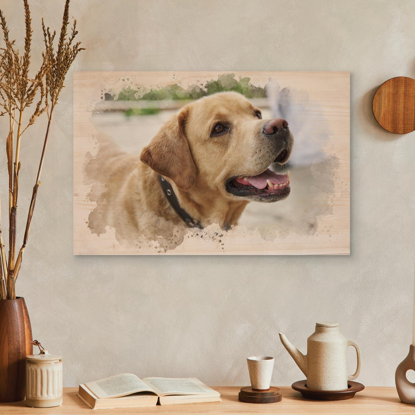 Pet Portrait On Wood Watercolor Style Dog Wall Art, Engraved Personalized Portrait From Photo As A Cat Lover Gift, Custom Photo On Wood